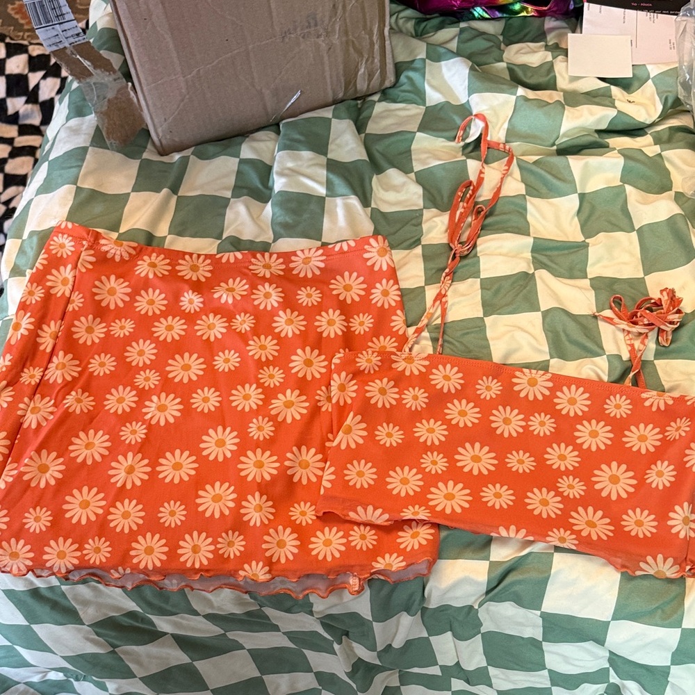 Orange Daisy Print Skirt and Top Set